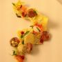 New Topolo Street Food Tasting: saffron chicharrón, pigs feet, homade hot sauce, airy avocado, pkld veg, dry Jack