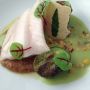 New Topolo Street Food Tasting: herb-poached bl cod, green chileatole, roasted corn "polenta," nopal &charred tatume